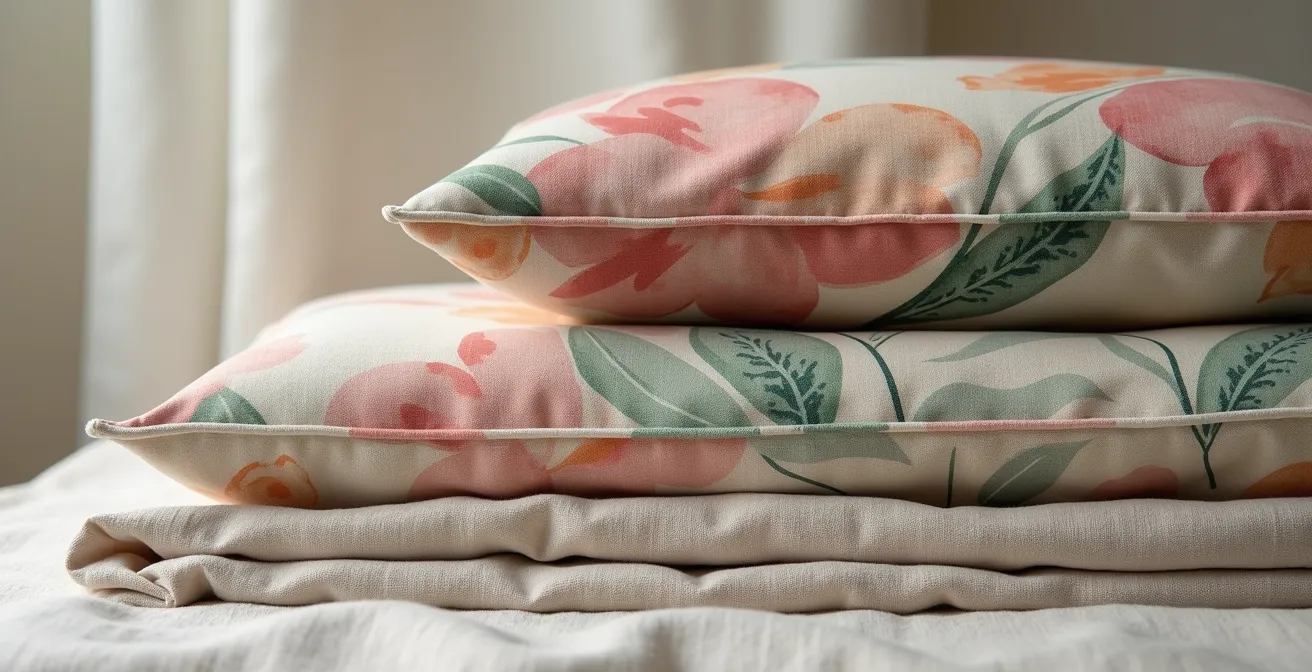 Close-up of mixed floral and geometric patterns on textiles showing a shared color palette.