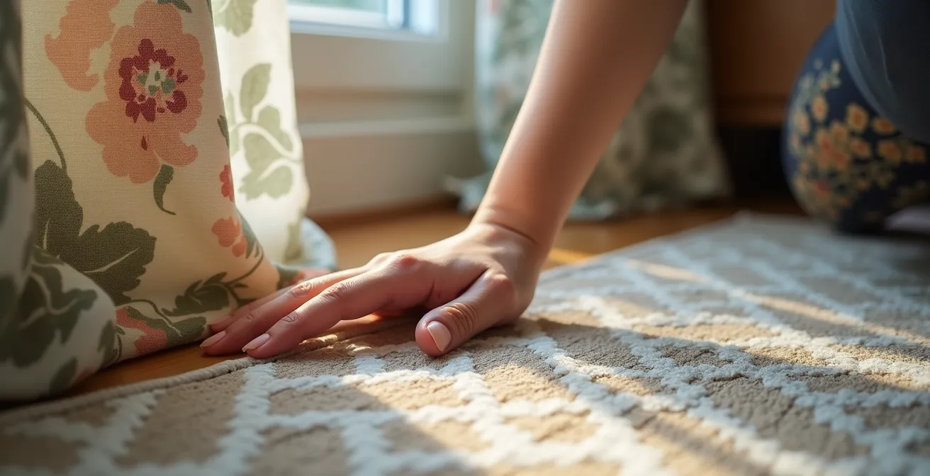 Living room showing harmonious pattern mixing between a geometric rug and floral curtains