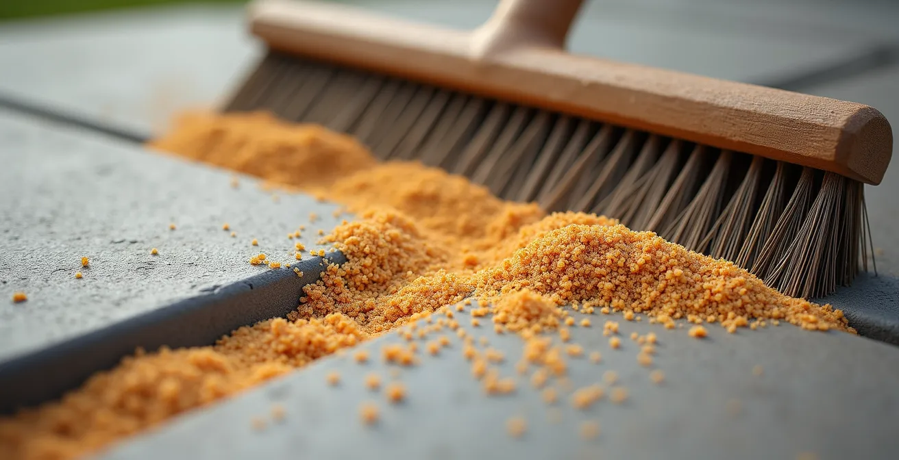 Extreme close-up of polymeric sand being swept into paver joints showing texture and binding process