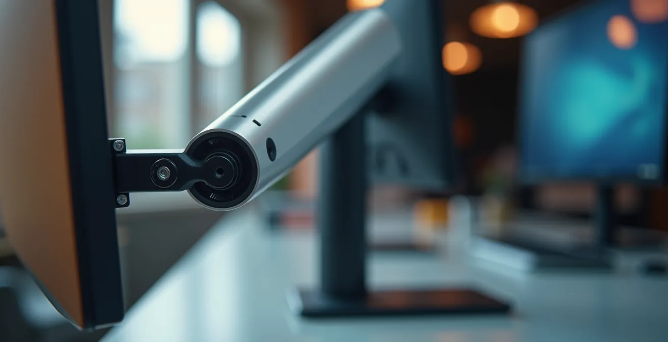 Macro shot of an ergonomic monitor arm's adjustment mechanism, highlighting precision engineering for height positioning.