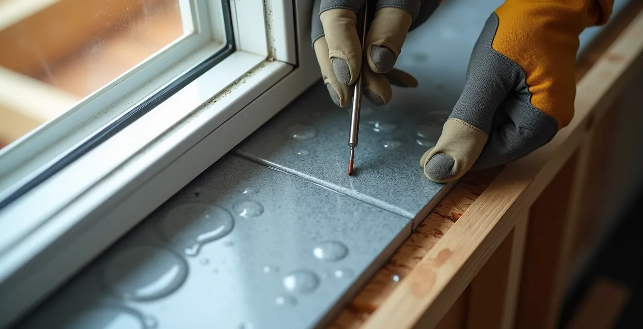 Cross-section view of correct window flashing and sealing methods preventing water damage