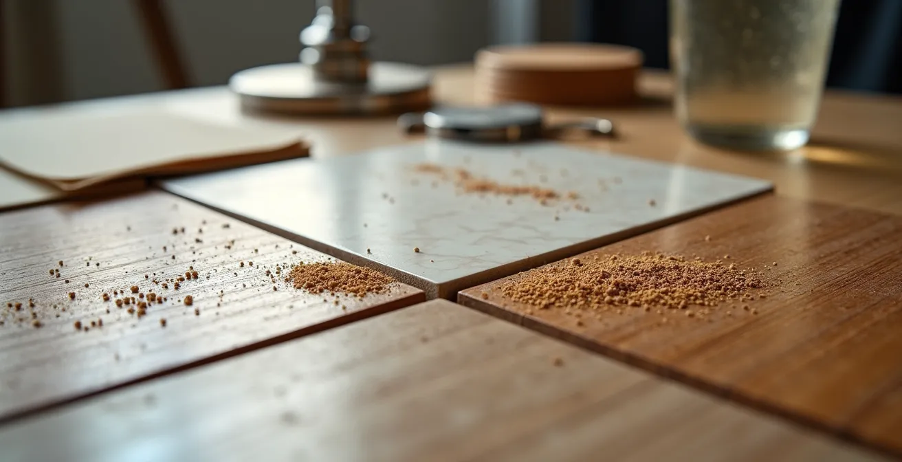 Macro photograph of flooring samples undergoing various durability tests