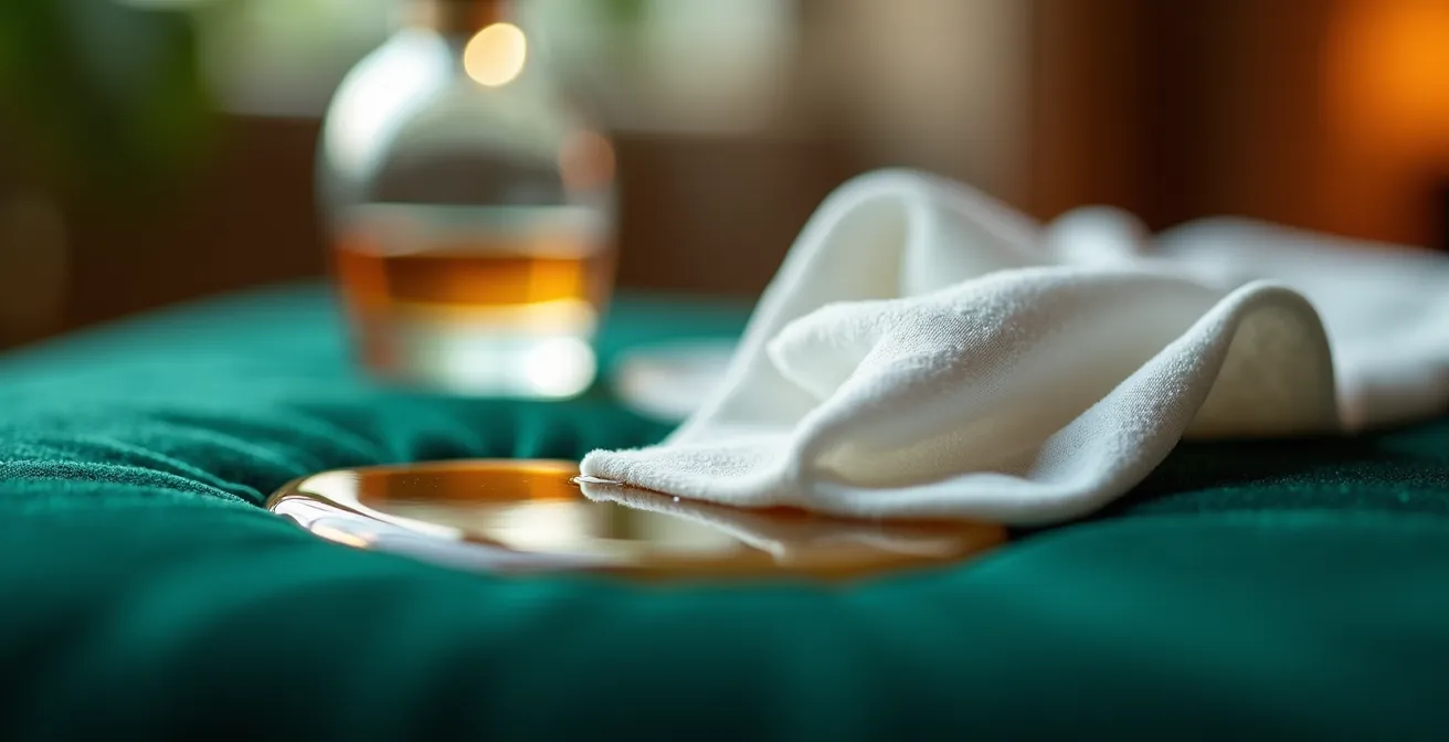 Close-up demonstration of red wine stain removal technique on velvet fabric