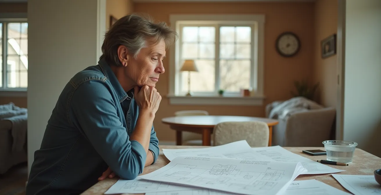 Split view comparing peaceful temporary housing versus active construction zone