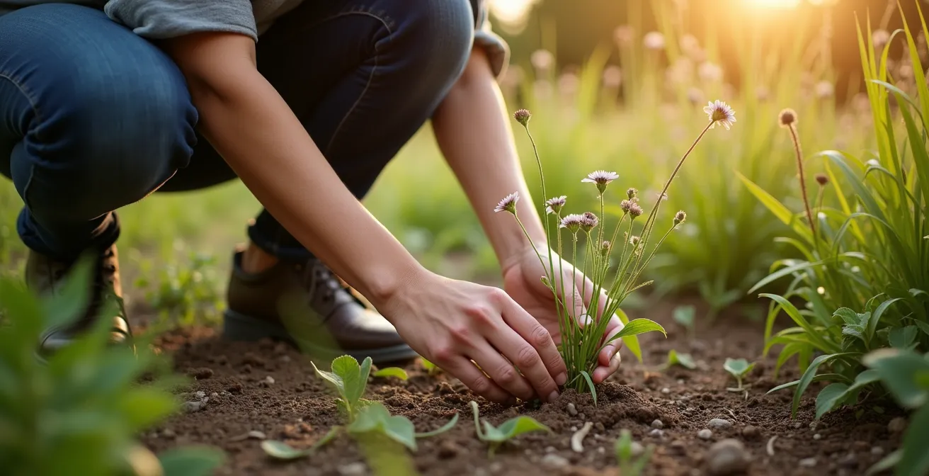 Diverse native plant guilds thriving together in a naturalistic garden setting showing ecological relationships
