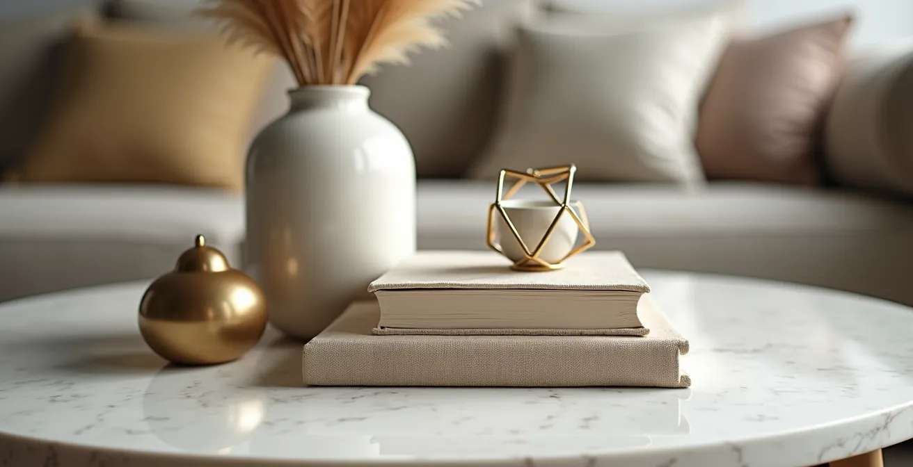 Close-up view of coffee table styled with three distinct objects at varying heights