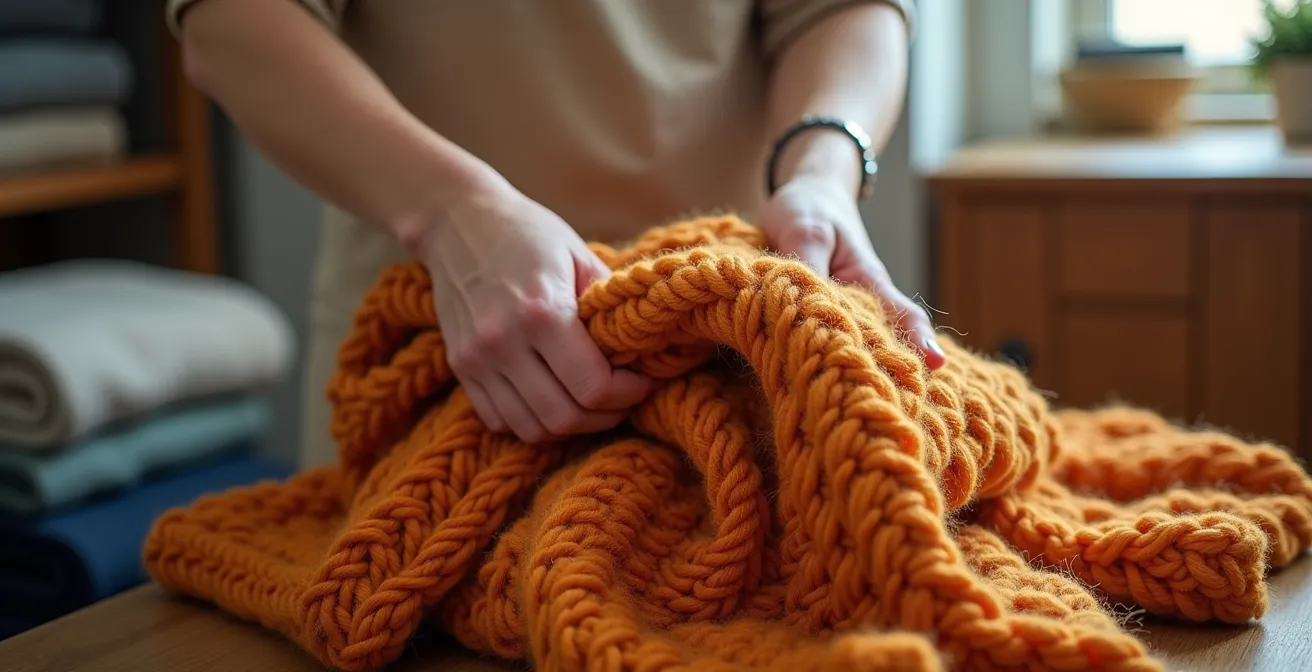 A person carefully folding a colorful throw blanket for organized storage.