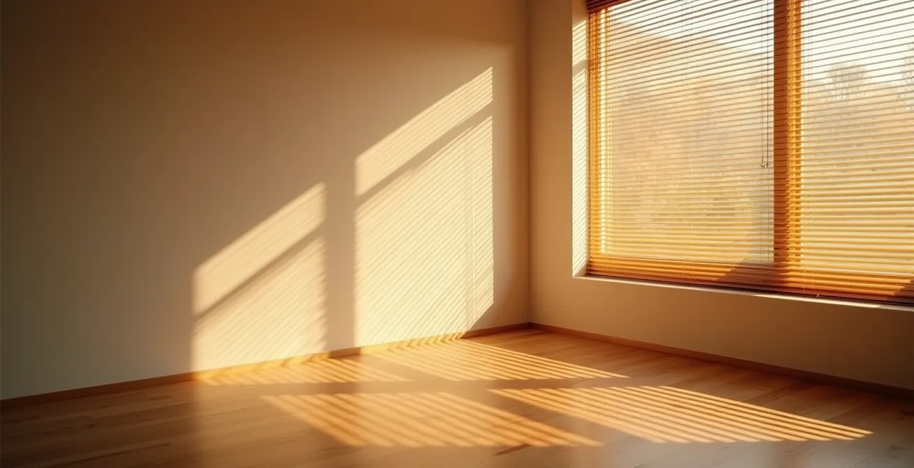 Interior view showing automated smart blinds capturing winter sunlight for passive heating