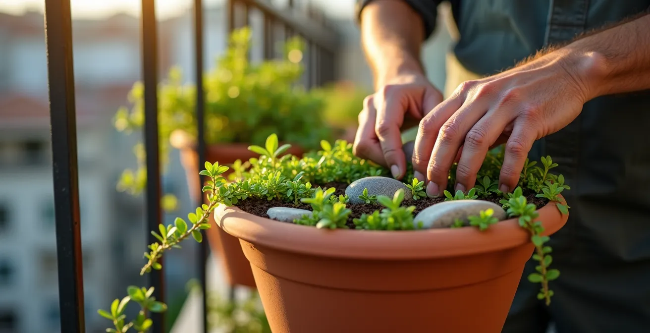 Living mulch of creeping thyme covering soil surface in hanging planter