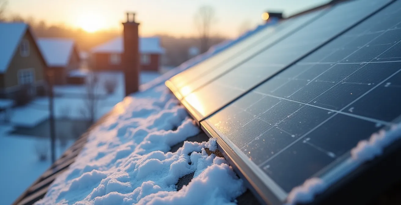 Snow-covered residential solar panels on steep roof angle showing partial self-clearing and winter sunlight reflection
