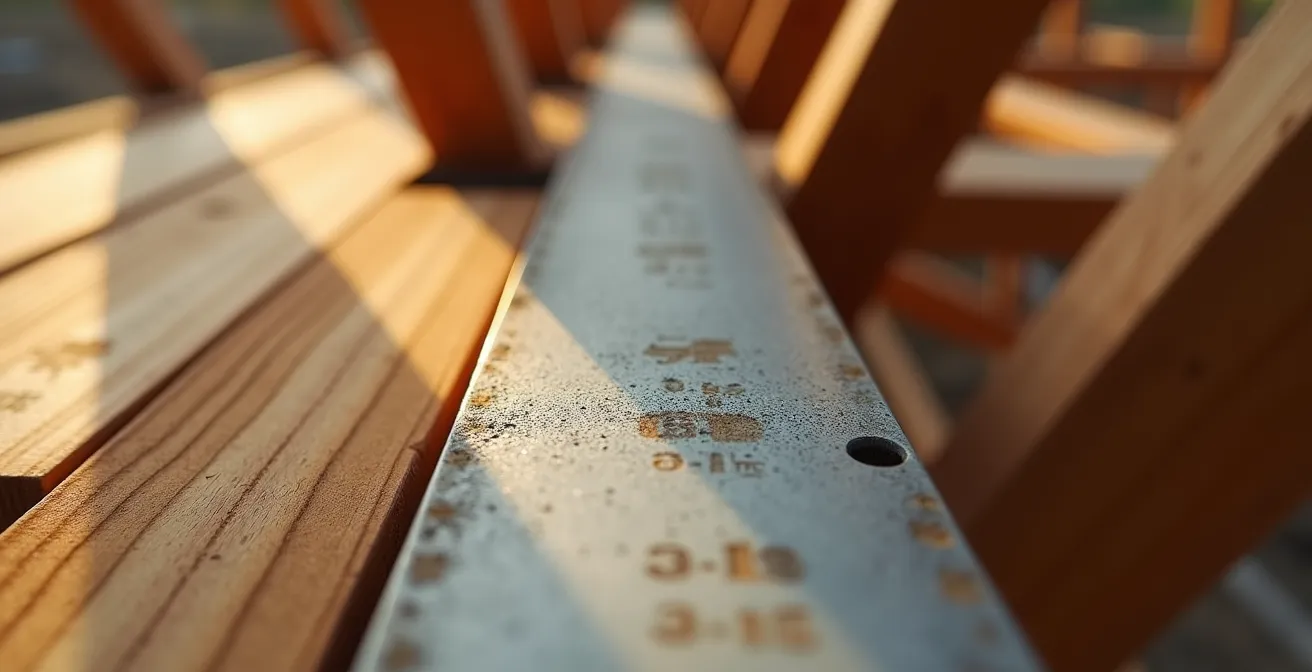 Close-up comparison of steel I-beam and laminated veneer lumber beam installed in residential ceiling