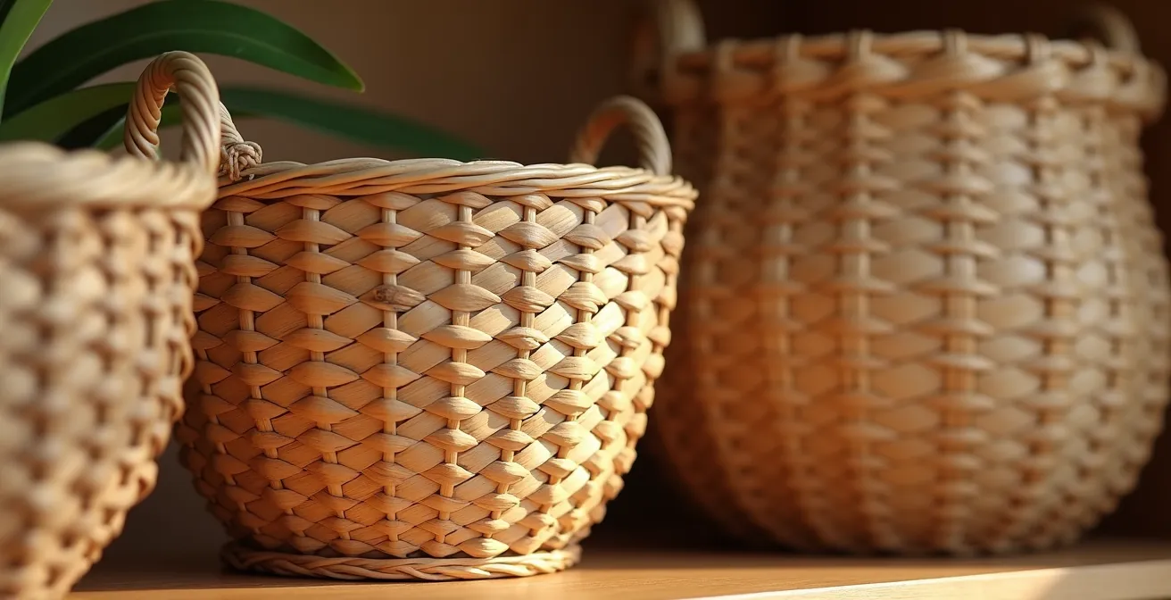 Close-up of three woven baskets showing contrasting weave patterns and textures arranged on wooden shelving
