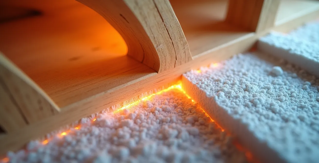 Cross-sectional view showing thermal bridging effects through cathedral ceiling rafters