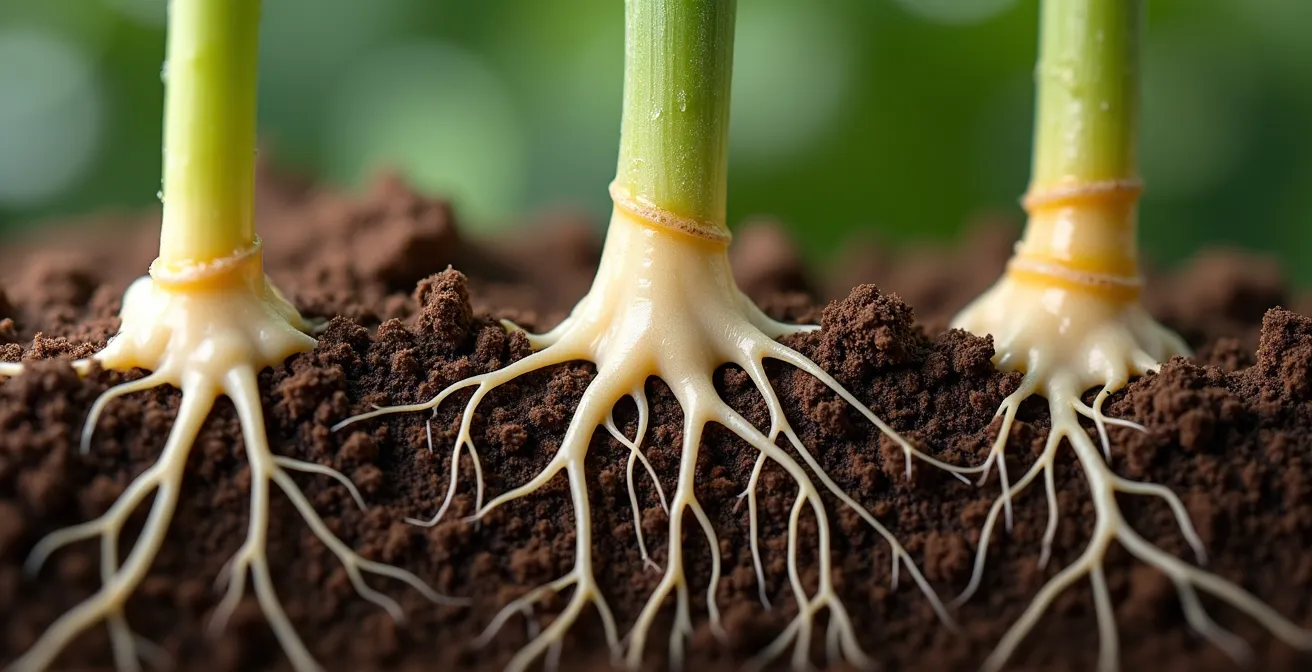Underground view showing interconnected root systems with fungal networks linking corn, beans, and squash plants