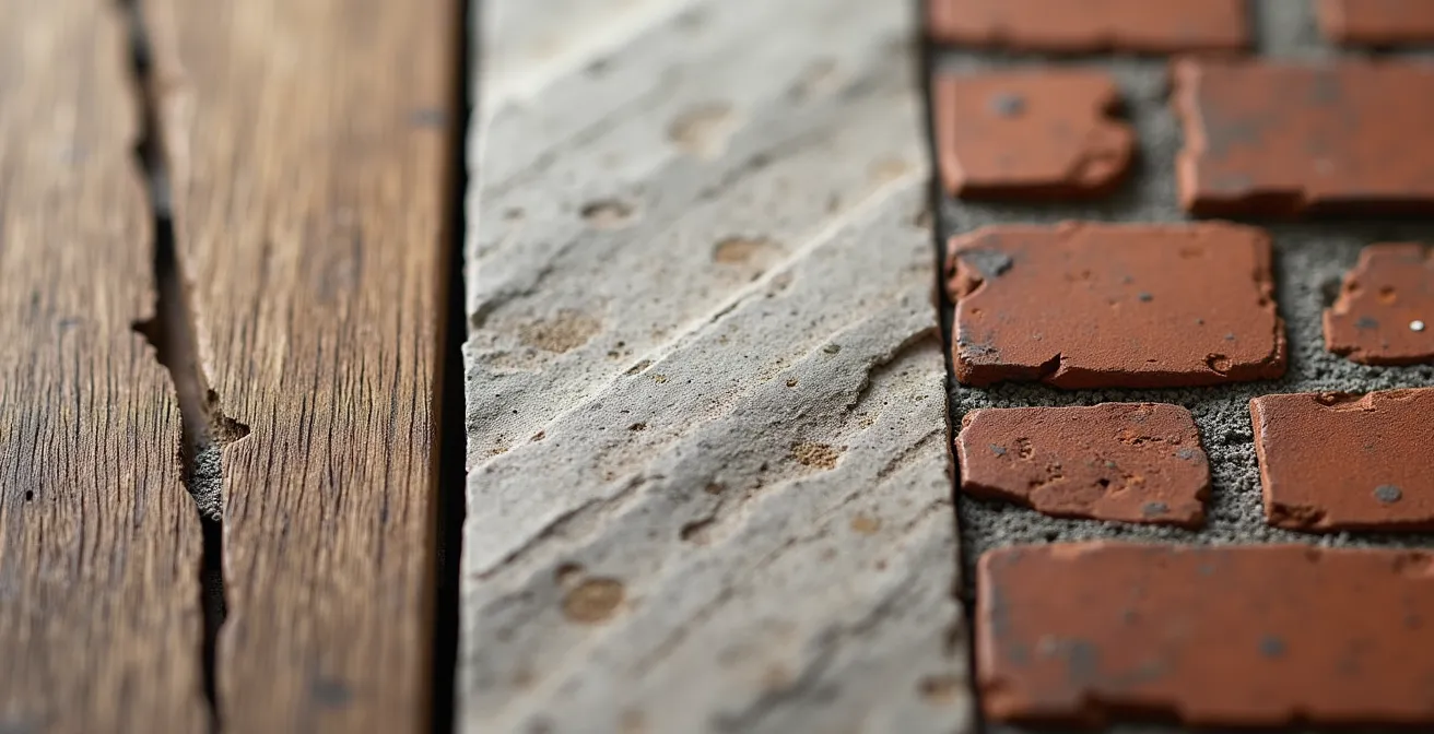 Close-up comparison of natural hardwood, stone, and brick materials showing authentic textures