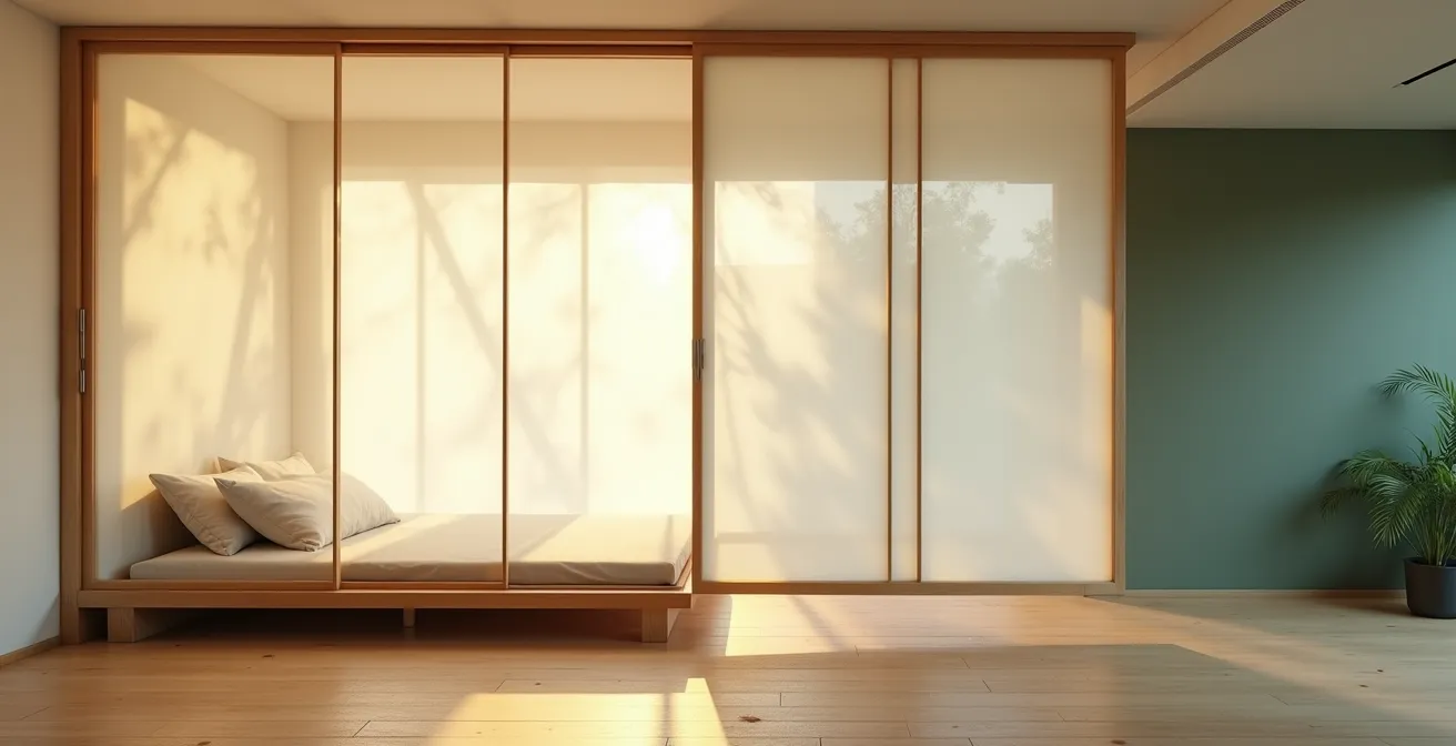 Studio apartment with translucent sliding panels creating light zones between sleeping and living areas