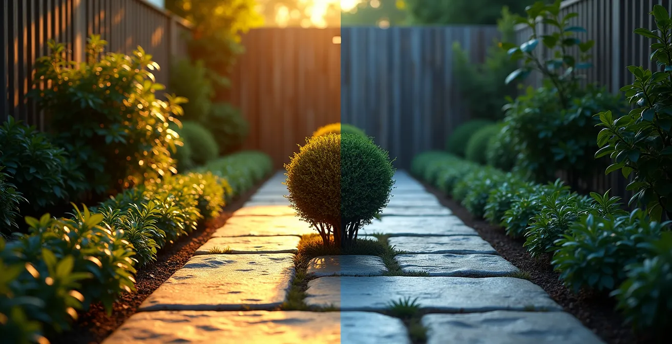 Split scene showing warm 3000K lighting versus cool 5000K lighting on same garden path