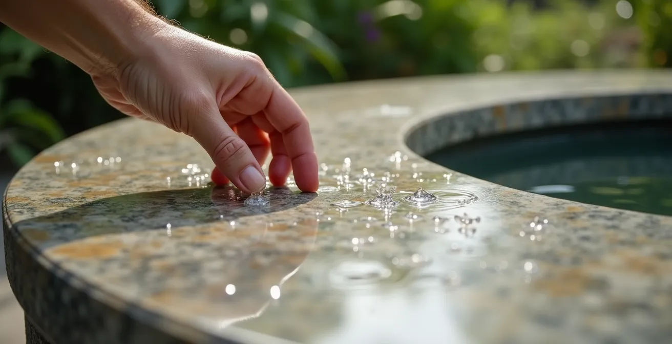 Human hand performing water droplet test on weathered stone fountain surface