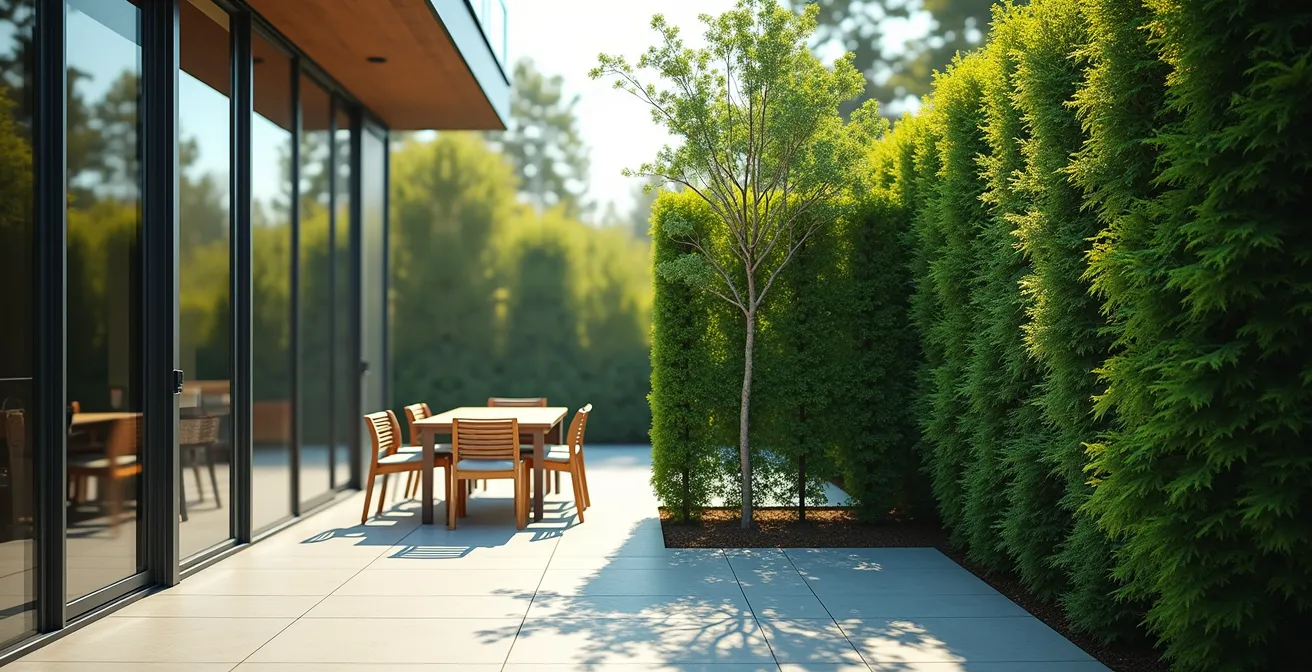 Split-view comparison showing glass screen and hedge wind barriers in outdoor dining settings