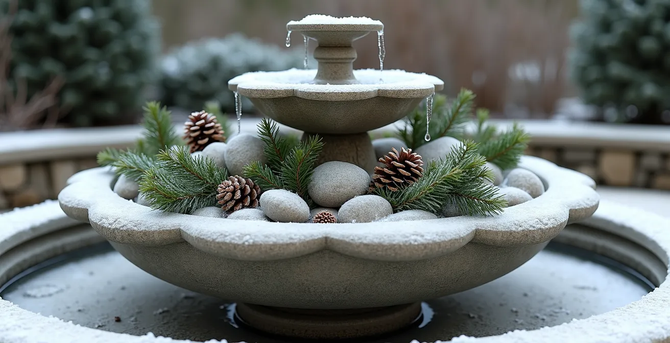 Stone fountain transformed into winter display with evergreen arrangements
