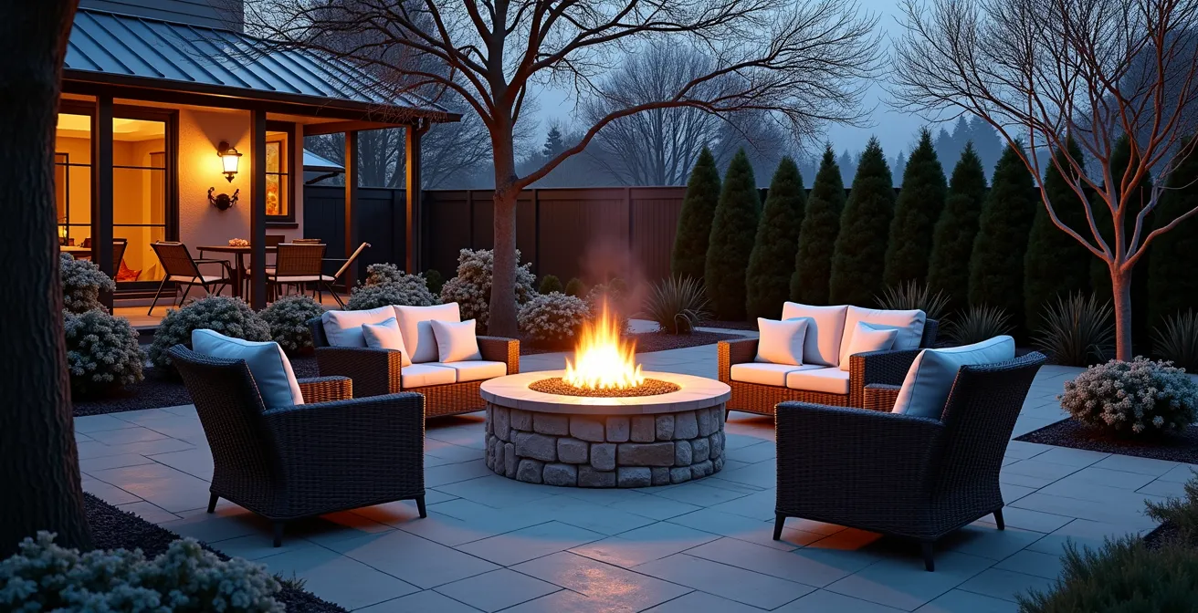 Inviting winter garden with illuminated seating area and architectural lighting